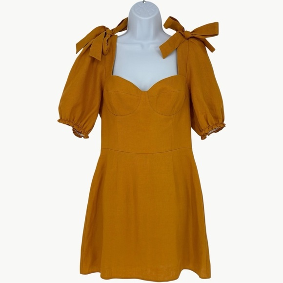 Reformation Spring Bow Linen Corset Mini Dress Size 6 Yellow Puff Sleeve A Line - Picture 7 of 14